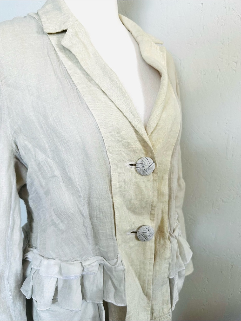 Cream Linen Ruffle-Trim Blazer